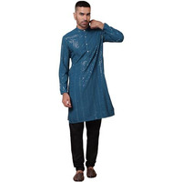 Jompers Mens Peacock Sequins Embroidered Kurta With Pyjama. (Peacock, M)