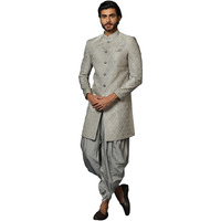 Kisah Men's Grey Sherwani Dhoti Set, Cotton Full Sleaves, Knee Length, Straight, Regular Fit, Mandarin Collar Ethnic Wear
