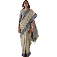 Pujia Mills Women's Handloom Cotton Saree With Contrast Weaving Border Indian Ethnic Wear Saree Office Wear Cotton Saree With Unstitch Blouse Piece Casual Saree Cream Plain Cotton Simple Saree