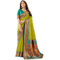 Pujia Mills Women Pure Paithani Soft Saree Banarasi Gold Zari Woven Border Saree For Wedding South Indian Ethnic Wear Saree 2025 Peshwai Mehendi Green Saree With Blouse Piece Kanjivaram Silk Saree