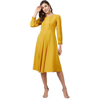 Rare Women's Polyester Fit And Flare Midi Casual Dress (Ep6210_Yellow_Large)