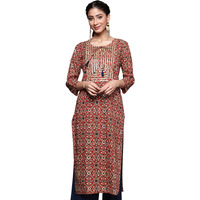 Rytras Women's Cotton Printed Straight Kurta(Ryt310_Maroon_Large)