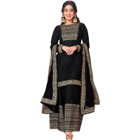 Sanisa Women's Chinnon Foil Printed Straight Kurta With Pant And Foil Printed Lace Work Dupatta (54Kbd633Nz-Xxl_Black)