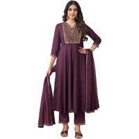 Sanisa Women's Chinnon Sequence Embroidery Work Anarkali Kurta With Pant And Lace Work Dupatta (121Kbd1313Nz-S_Wine)