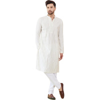 See Designs Men Full Sleeve Side Slit Off White And Gold Chanderi Silk Sequins Mandarin Collar Kurta - Sdkt2423L