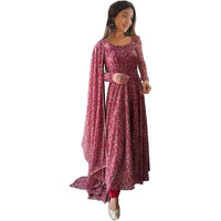 Sugathari Women's Maroon Georgette Anarkali Floral Printed Kurta With Pant & Dupatta (Dress 114 Maroon L)