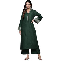Varanga Women Green Embroidered Kurta With Long & Flared Sleeves, Tonal Bottom, Intricate Embroidery For A Chic & Comfortable Look
