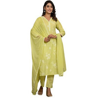 Varanga Women Lime Green Thread Embroidered Kurta Set With Dupatta