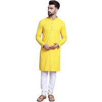 Sojanya (Since 1958 Men's Pure Cotton Yellow Emb 4Booti Sequence Kurta & White Pyjama Set