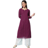 Gufrina Women's 3/4 Sleeve Lakhnavi Embroidery Work Kurta With Chikankari Palazzo Set - Elegant Ethnic Wear (Wine L)