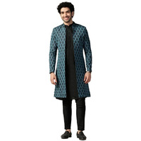 Kisah Men's Indo-Western Kurta Sherwani Trouser Set, Turquoise Blue Silk Blend, Woven Design Regular Fit Mandarin Collar Long Sleeves (42)