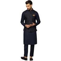 Kisah Men's Kurta With Jacket And Trouser, Cotton Blend, Woven Design, Full Sleeves, Straight, Regular Fit, Ethnic Wear, Blue And Beige, 42