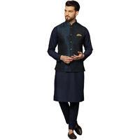 Kisah Men's Blue Kurta Jacket Trousers Set Cotton Blend, Woven Design, Mandarin Collar Ethnic Wear, 42