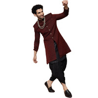 Kisah Men Maroon Woven Design Cotton Kurta Sherwani Set, Full Sleaves, Knee Length, Straight, Regular Fit, Mandarin Collar Ethnic Casual Wear
