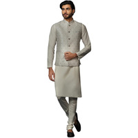 Kisah Men's Silver And Cream Kurta Jacket Churidar Set Cotton Blend, Woven Design, Full Sleeves, Straight, Regular Fit, Mandarin Collar Ethnic Wear