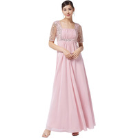 Miss Chase Women's Dusty Pink Square Neck Half Sleeve Solid Embellished Maxi Dress (Mcaw21D06-41-122-03, Dusty Pink, S)