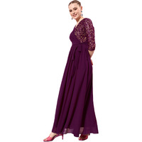 Miss Chase Women's Dark Purple V-Neck Three-Quarter Sleeve Self-Designed Wrap Maxi Georgette Dress (Mcaw22D06-53-289-05, Dark Purple, L)