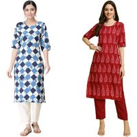 Pinkmint Straight Printed Kurti Party Wera Kurti Kurta Pant Set (Pack Of 2)