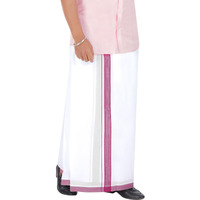 Prakasam Cotton Men's Double White Dhoti With Dobby Design Border (1.30 X 4.00 Meter) (Violet)
