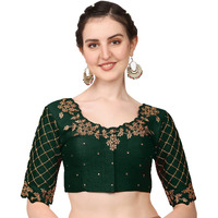 Pujia Mills Women's Embroidery Handwork, Rough Cut Work Stone Work Readymade Blouse (36, Bottle Green)