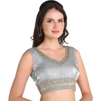 Pujia Mills Women's Sequin Embroidered V Neck Sleeveless Readymade Saree Blouse Indian Ethnic Designer Stitched Readymade Saree Blouse Sleeveless Blouse Readymade Blouse For Women (Silver, 34)