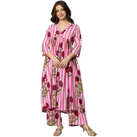 Rytras Women's Pure Cotton Printed Alia Cut Kurta Set With Palazzo Pants - Ethnic Wear, Pink(Ryt594,3Xl)