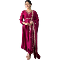 Shiv Textiles Embroidery Maroon Kurta Trousers With Dupatta Striped Viscose Art Silk Three-Quarter Sleeves Kurta Sets For Womens(Jd-Sameera-Maroon-S)