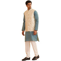 Sojanya (Since 1958 Men's Silk Blend Peacock Blue Self Design Kurta & Cream Embroidery Nehru Jacket With Off-White Churidar Pyjama