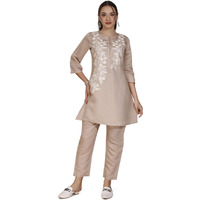 Womanista Silk Blend Women's Brown Colour White Thread Embroidery Work Tunic With Trouser Coord Set Ankle Length (Co-Ords_9041 L)