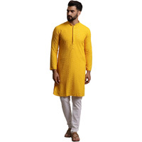 Sojanya (Since 1958 Men's Pure Cotton Mustard Sequence Kurta & White Pyjama Set