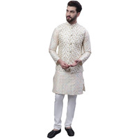 Sojanya Men's Silk Blend Cream Kurta And Cream Pyjama With Cream Embroidery Nehru Jacket