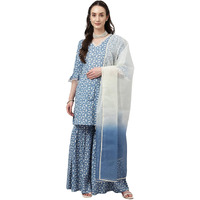 Fiorra Women's Teapot Blue Lurex Cotton Straight Kurta With Sharara And Dupatta