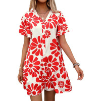 Gufrina Dress For Woman |One Piece Dress For Women |Red Floral Print | Button-Down | Flowy Ruffled Hem, Short Sleeves, And V-Neckline  Casual Western Dress (Red L)
