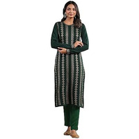 Ishin Women's Green Jacquard Style Ethnic Motifs Straight Winterwear Kurta
