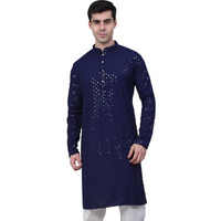 Jompers Men's Chikankari Embroidered And Sequence Kurtas (Navy, L)
