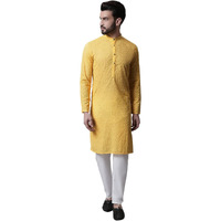Jompers Men Yellow And White Embroidered Kurta With Churidar (Yellow, S)