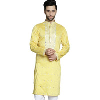 Jompers Mens Yellow Chikankari Embroidered Kurtas (Yellow, M)