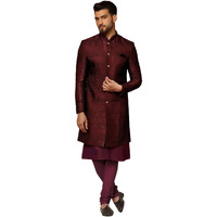 Kisah Mens Kurta Sherwani Churidar Set Silk Blend Jacquard, Indo-Western Mens Wear, Maroon, 38