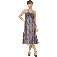 Oomph! Women's Western & Fusion Wear Printed Crepe Dress For Women, Smocked Bodice, Black - Md1030