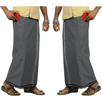 Prakasam Cotton Mens Kerala Thalapathi Border 2Way Pocket (Right & Left Side) Flexi Size Welcro Single Dhoti With 2 Side Pocket (Large, Grey)