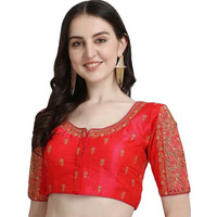 Pujia Mills Women's Silk Floral Half Sleeve Regular Blouse (Gulab Red 38)