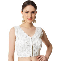 Pujia Mills Womens Readymade Fancy Embroidery With Sequins Work Sleeveless Solid Saree Blouse(Pragya) (34, White)