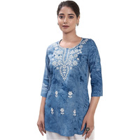 Sanisa Women's Rayon Chikankari Embroidery Short Length Straight Kurti (479K283N-Xxl_Dark Blue)