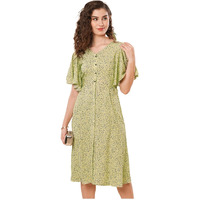 Selvia Women's Western Dress | Printed Flutter Sleeve Thick Georgette Western Dress For Women | V-Neck A-Line Dress For Women | One Piece Dress For Women (164Dtk2828N-S_Lemon Yellow & Grey & Blue)