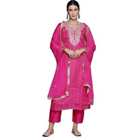 Varanga Women Pink Bandhani Printed Straight Kurta Paired With Bottom And Dupatta