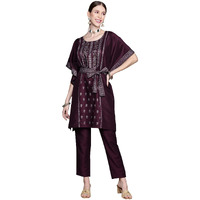 Ziyaa Women's Burgundy Chinon Flared Kurta And Pant Set(Zikuch3800Andpa-3Xl)