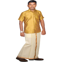 Prakasam Cotton Mens Dhoti Shirt Set (Cream Colour Single Dhoti & A Dupion Silk Half Sleeve Slim Fit Shirt) (42)