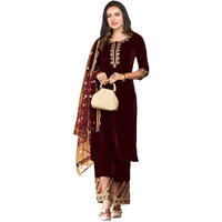 Sanisa Women's Velvet Embroidery Straight Kurta With Pant And Embroidery Dupatta (91Kbd1001Nz-L_Maroon)