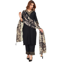 Sanisa Women's Cotton Blend Sequins Embroidery Foil Printed Straight Kurta With Pant And Dupatta Set (221Kbd2347N-L_Black)