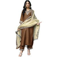 Sanisa Women's Silk Sequence And Embroidery Work Lace Straight Kurta With Pant And Dupatta Set (104Kbd1138Nb-S_Mustard)
